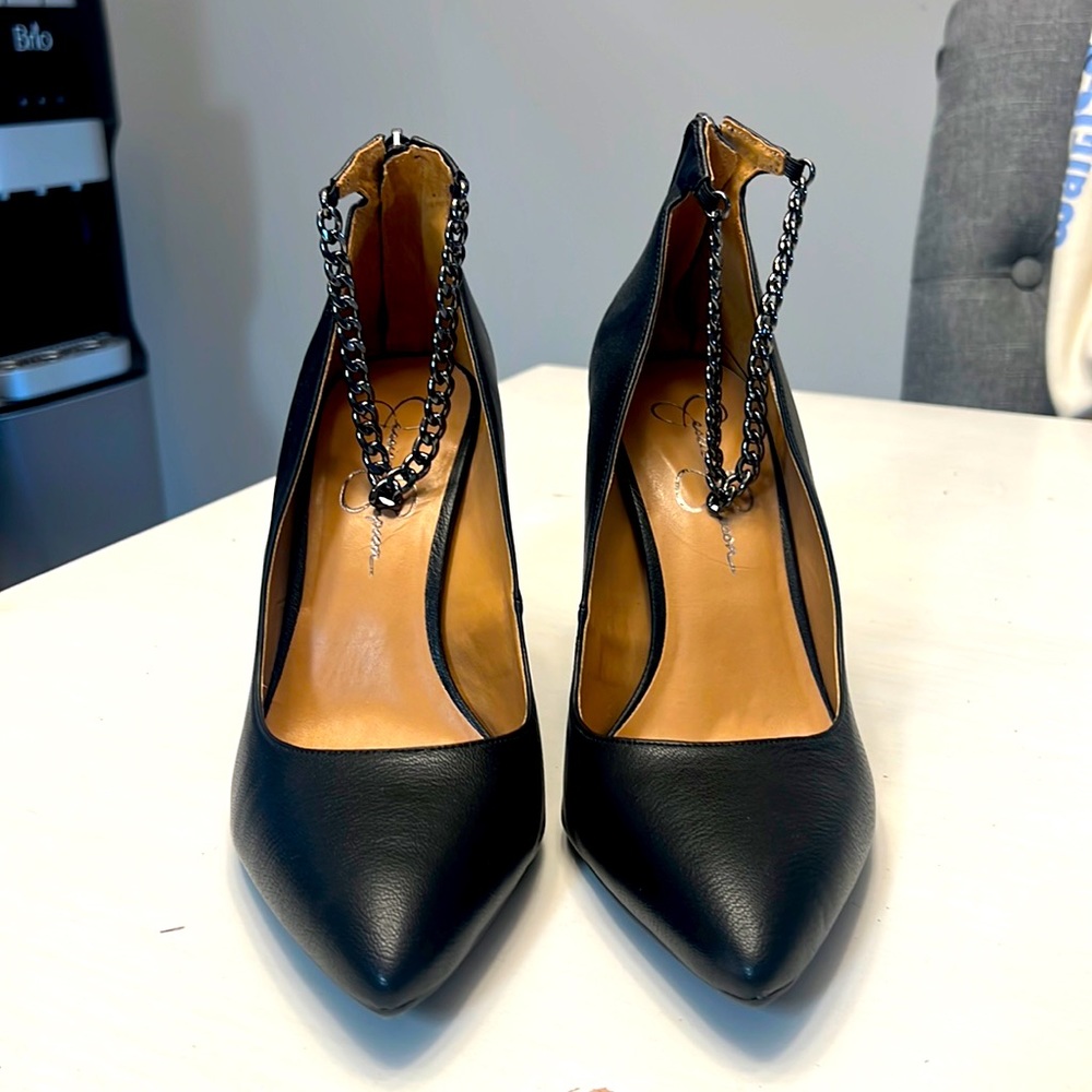 Jessica Simpson Black Stiletto with Chain Ankle Strap - Size 10